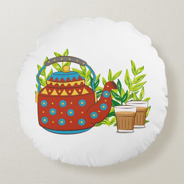 Rustikaler Teekessel Niedlich Trendy Moderne Tasse Rundes Kissen (Vorderseite)