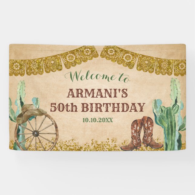 Rustikaler Texas Western Cowboy Birthday Große Ban Banner (Horizontal)