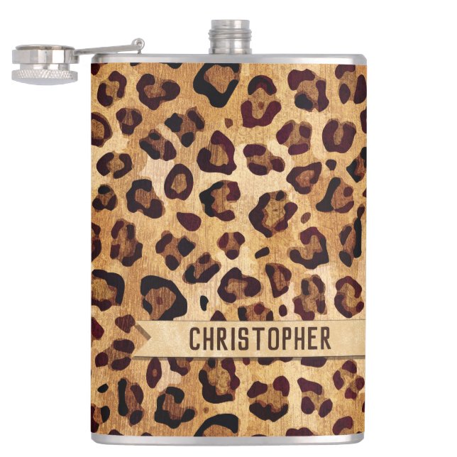 Rustikaler Textil-Leopard-Druckername Flachmann (Geöffnet)