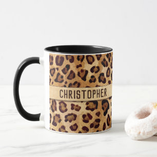 Rustikaler Textil-Leopard-Druckername Tasse