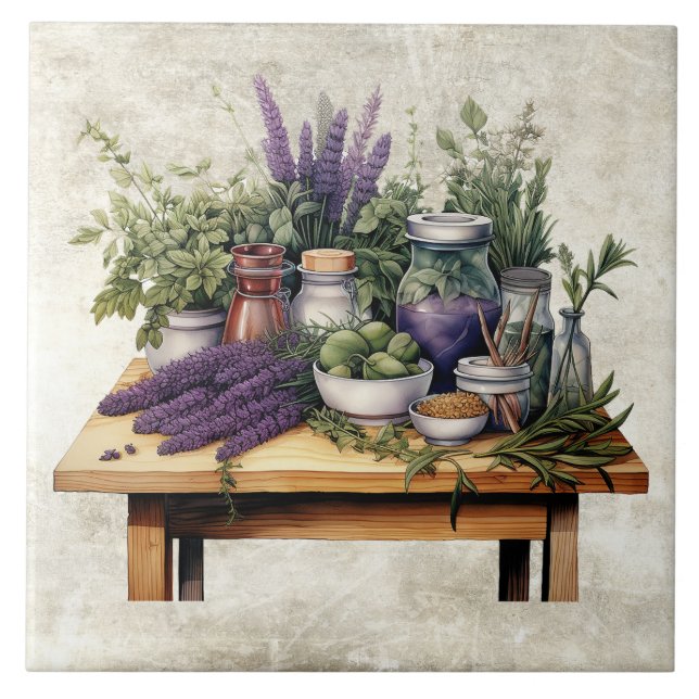 Rustikaler Tisch mit Kräutern Aquarelle Fliese (Vorderseite)