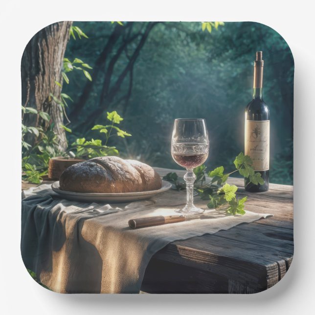 Rustikaler Tisch mit Wein in einem Wald Pappteller (Vorderseite)