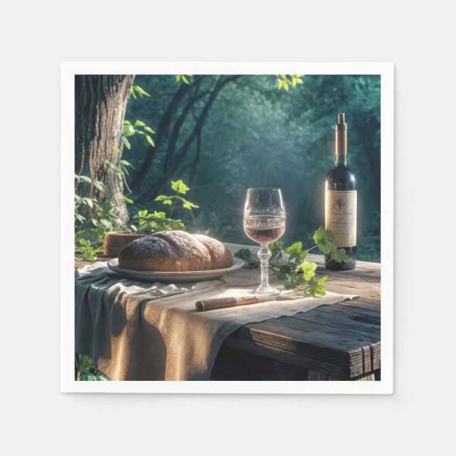 Rustikaler Tisch mit Wein in einem Wald Serviette (Vorderseite)