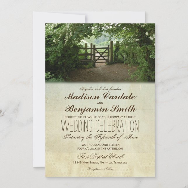 Rustikaler Tor Naturlehrpfad Land Hochzeit Einladung (Vorderseite)