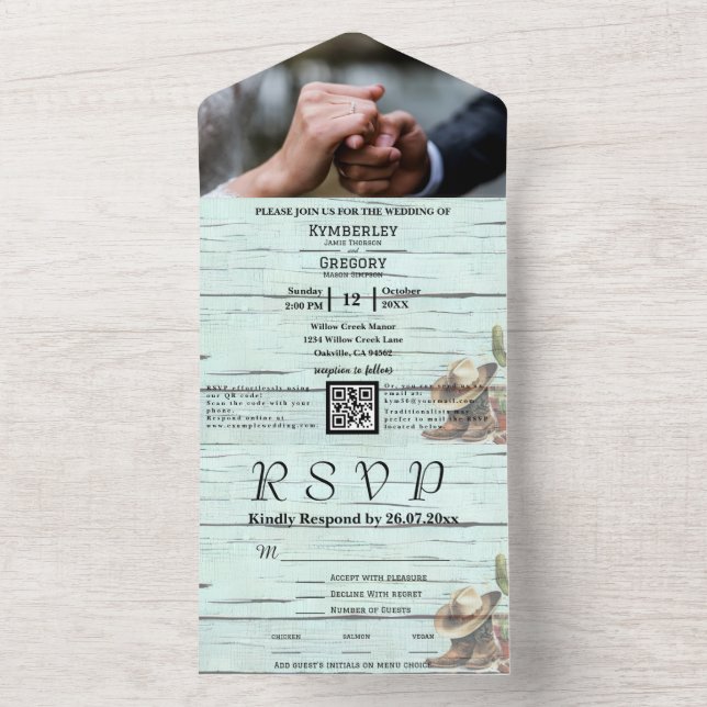 Rustikaler türkisfarbener Western QR-Code All In One Einladung (Innen Boden)