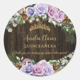 Rustikaler verzauberter Wald Lila Blüte Quinceañer Runder Aufkleber