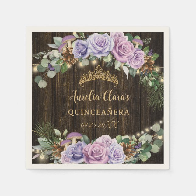 Rustikaler verzauberter Wald Lila Blüte Quinceañer Serviette (Vorderseite)