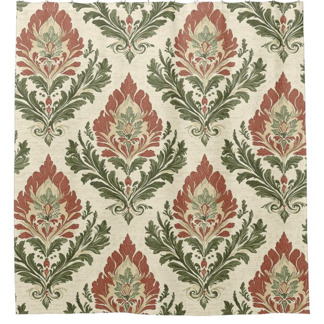 Rustikaler Vintage-Damaskus Rot Grün Beige Duschvorhang (Vorderseite)