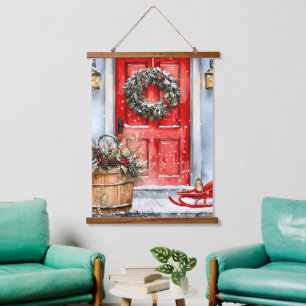 Rustikaler Vintage-Weihnachts-Türkränze in Rot Wandteppich Mit Holzrahmen