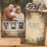 Rustikaler Vintager 4-Foto-Frohe Weihnachtsgrüße Feiertagskarte<br><div class="desc">Rustikale und nostalgisch Vintag inspiriert Urlaubskarte mit großer Fotovorlage mit drei kleinen Fotos auf antiken Schnappschuss-Frames auf einem angeschlagenen Hintergrund mit Heiligen und Evergreens in warmen Sepia-Tönen. Zurück bietet ergänzende grafische Hintergründe und Textfelder.</div>