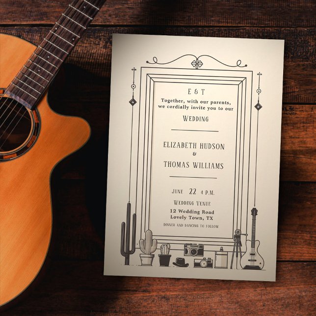Rustikaler Vintager Cowboy Hochzeitsgitarrist Einladung (rustic vintage cowboy wedding invitation cactus guitar musician frame barn backyard outdoor elegant)