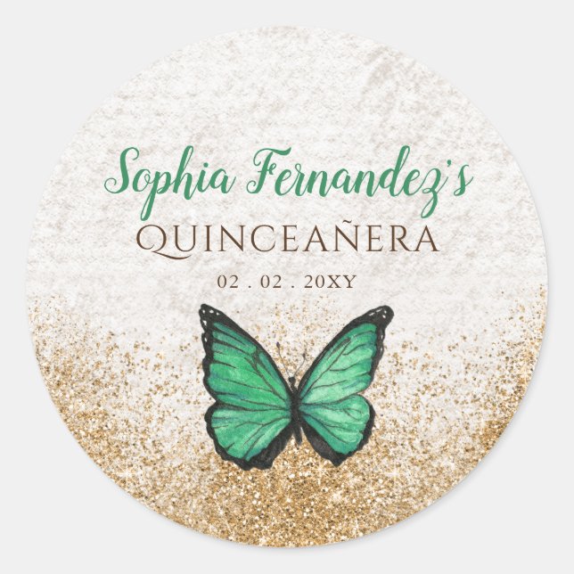 Rustikaler Vintager Emerald Green Gold Butterfly Runder Aufkleber (Vorderseite)