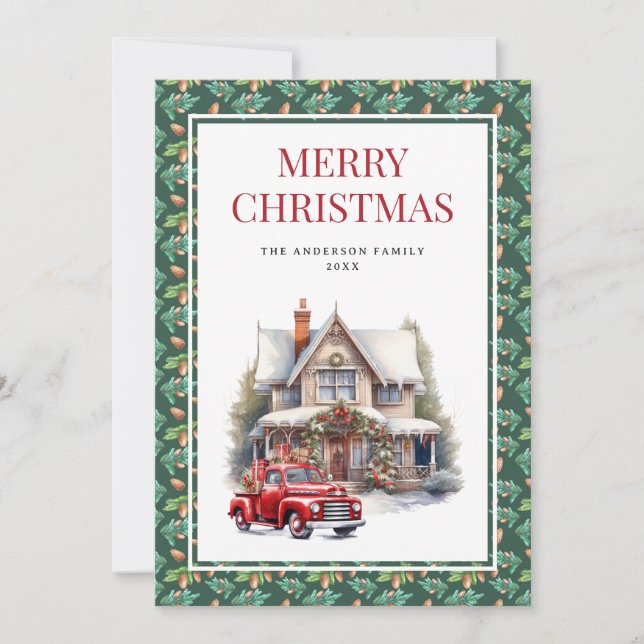 Rustikaler Vintager Red Truck Frohe Weihnachten (Vorderseite)