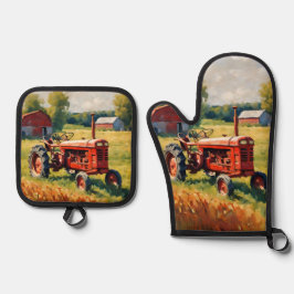 Rustikaler, Vintager roter Traktor Ofenhandschuh & Topflappen-Set