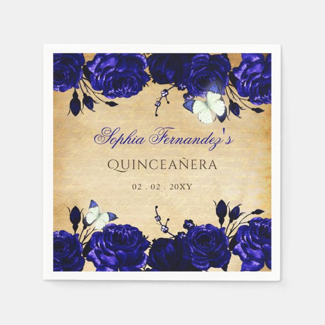 Rustikaler Vintager Royal Blue Floral Butterfly Serviette (Vorderseite)