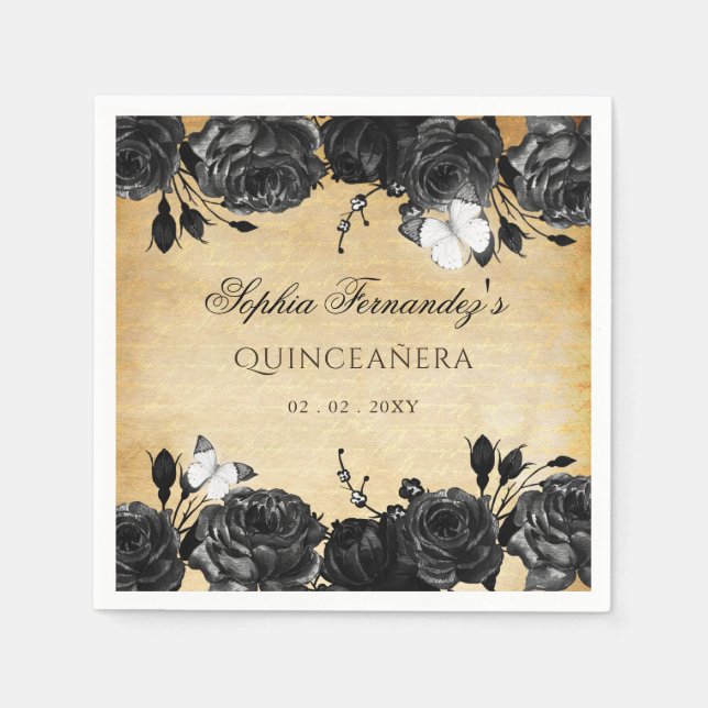 Rustikaler Vintager Schwarzer Blütenschmetterling Serviette (Vorderseite)