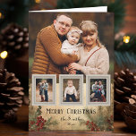 Rustikaler Vintager Stil Vier-Foto Weihnachtsblume Feiertagskarte<br><div class="desc">Rustikale und nostalgisch Vintag inspiriert Urlaubskarte mit großer Fotovorlage mit drei kleinen Fotos auf antiken Schnappschuss-Frames auf einem angeschlagenen Hintergrund mit Heiligen und Evergreens in warmen Sepia-Tönen.</div>