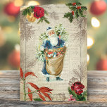 Rustikaler Vintager Weihnachtsmann mit Blume, Pine Feiertagskarte<br><div class="desc">Jolly blauer Weihnachten auf einem Hintergrund von Musik und Drehbuch mit gravierten rustikalen Birkenzwiebeln Grenze,  gravierte Kiefer,  Rose,  Poinsettia und Heiligen auf Not sepia Pergament Hintergrund.</div>