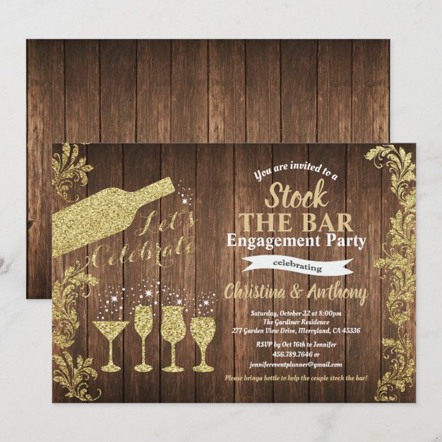 Rustikaler Vorrat das Bar-Verlobungs-Partygold Einladung (Vorne/Hinten)