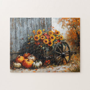 Rustikaler Wagen mit Pumpkins und Sonnenblumen