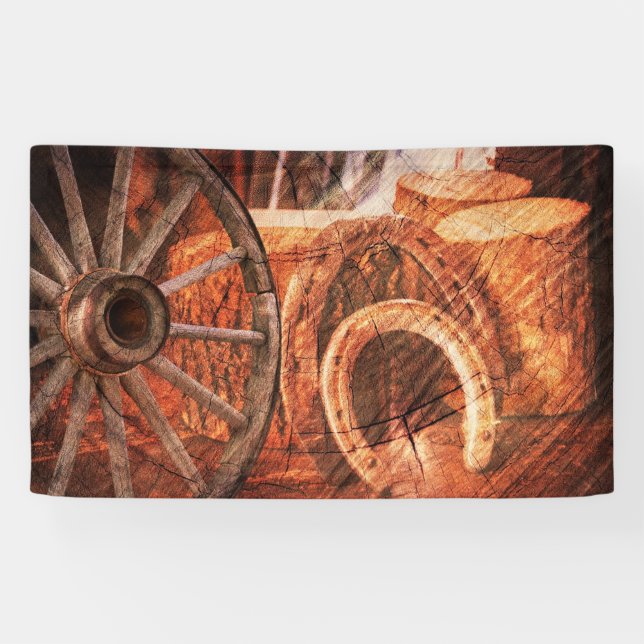 Rustikaler Wagenrad-Hufeisen Western Style Banner (Horizontal)