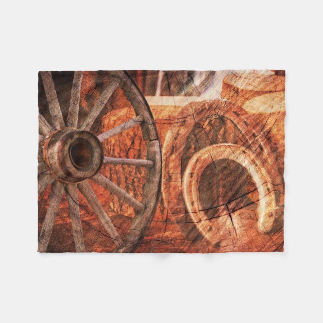 Rustikaler Wagenrad-Hufeisen Western Style Fleecedecke (Vorderseite (Horizontal))