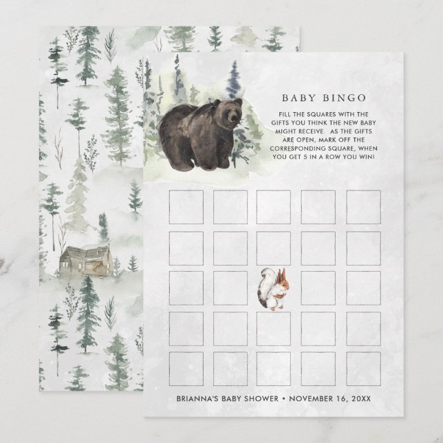 Rustikaler Wald | Babydusche Bingo Card Einladung (Vorne/Hinten)