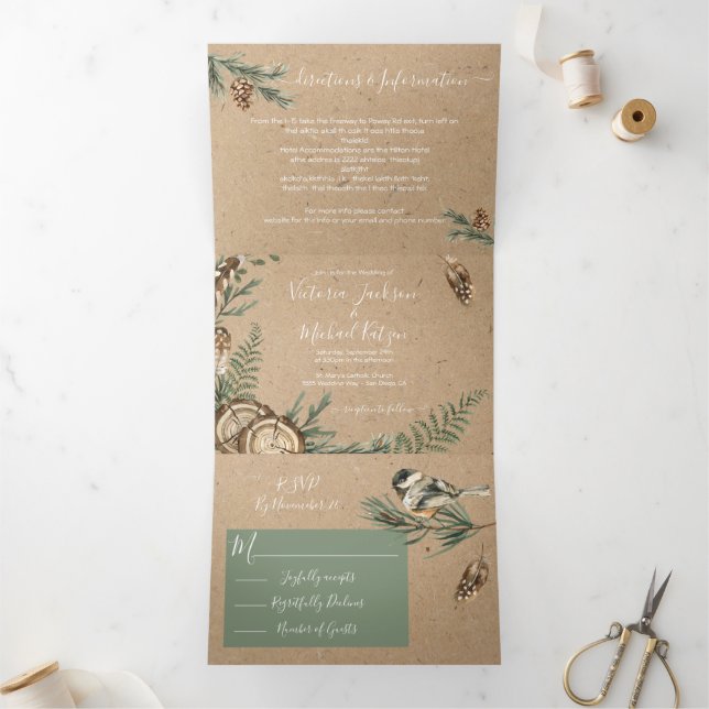 Rustikaler Wald Hochzeit Dreifach Einladung (Innenseite)