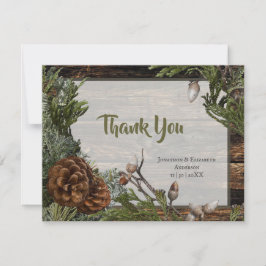 Rustikaler Wald Hochzeit dunkles Holz Evergreen Bo Dankeskarte
