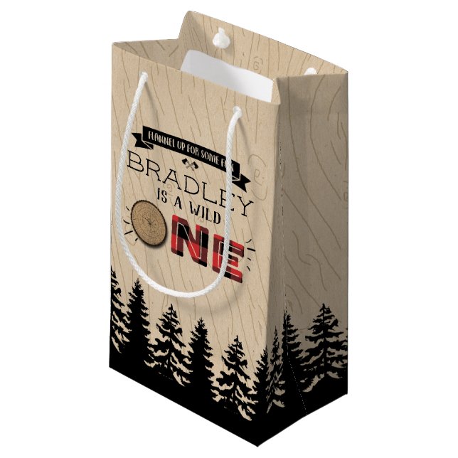 Rustikaler Wald Kariert Lumberjack Boys 1. Geburts Kleine Geschenktüte (Vorderseite Schrägansicht)