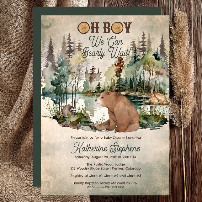 Rustikaler Wald Oh Boy Bearly Wait Baby Dusche Einladung ("Oh Boy We Can Bearly Wait!" Rustic Woodland Bear Forest Animals Baby Shower Invitation - Print Digi)