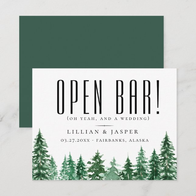Rustikaler Wald OPEN BAR Save the Date Spaß Ankündigung (Vorne/Hinten)