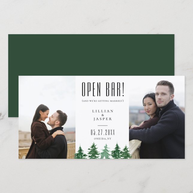 Rustikaler Wald OPEN BAR Save the Date Spaß Ankündigung (Vorne/Hinten)