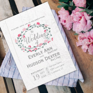 Rustikaler Wald Pink Garland Barn Wood Wedding Einladung