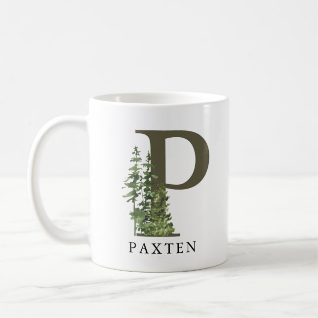 Rustikaler Waldbrief P | Name der Monogramm Kaffeetasse (Links)