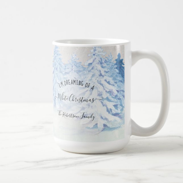 Rustikaler Waldschnee träumt weiße Weihnachtsfamil Kaffeetasse (Rechts)