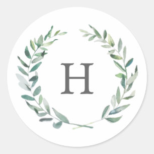 Rustikaler Wasserfarbe-Grünkrone-Monogramm-Hochzei Runder Aufkleber