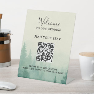 Rustikaler Wasserfarben-Kieferwald-Hochzeits-QR-Co Sockelschild