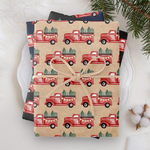 Rustikaler Wasserfarben-Roter-Weihnachts-LKW Geschenkpapier Set