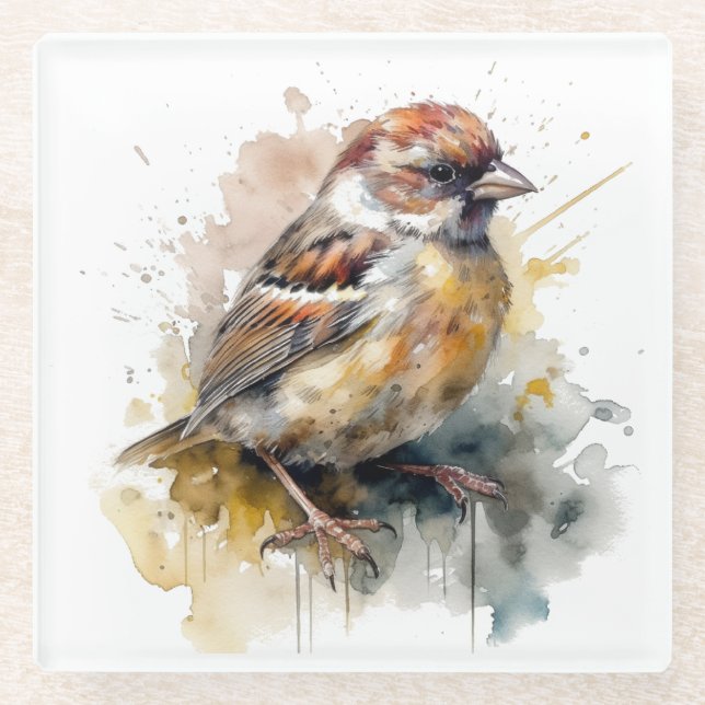 Rustikaler Wasserfarben-Spatz Glasuntersetzer (Vorderseite)