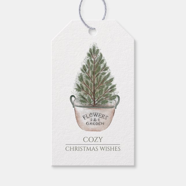 Rustikaler Wasserfarben-Weihnachtsbaum Geschenkanhänger (Vorderseite)