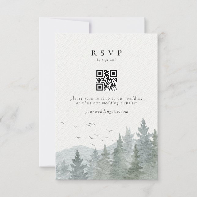 Rustikaler Wasserfarbenbaum Hochzeit QR-Code RSVP Karte (Vorderseite)