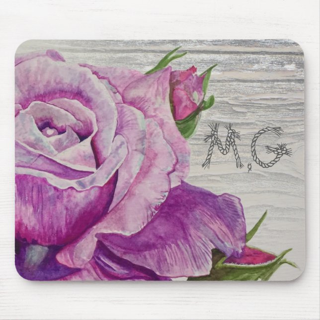 Rustikaler Watercolor-lila Rosen-Holz-Monogramm Mousepad (Vorne)