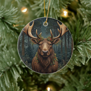 Rustikaler Weihnachts-Elch Hirsch Boho-Wald Keramik Ornament