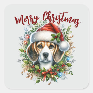 Rustikaler Weihnachts-Farmhouse-Stil für Beagle  Quadratischer Aufkleber