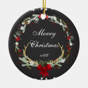 Rustikaler Weihnachts-Kranz mit Geweih, maßgeschne Keramik Ornament