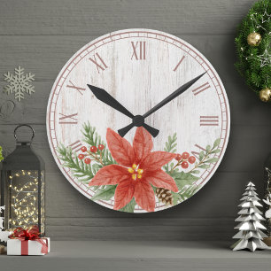 Rustikaler Weihnachts-Poinsettie Botanisch Runde Wanduhr