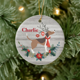 Rustikaler Weihnachtsbaum Beagle Hund Antlers Grün Keramik Ornament