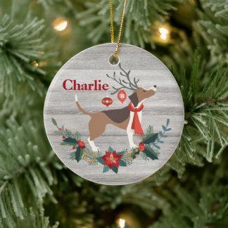 Rustikaler Weihnachtsbaum Beagle Hund Antlers Grün Keramik Ornament
