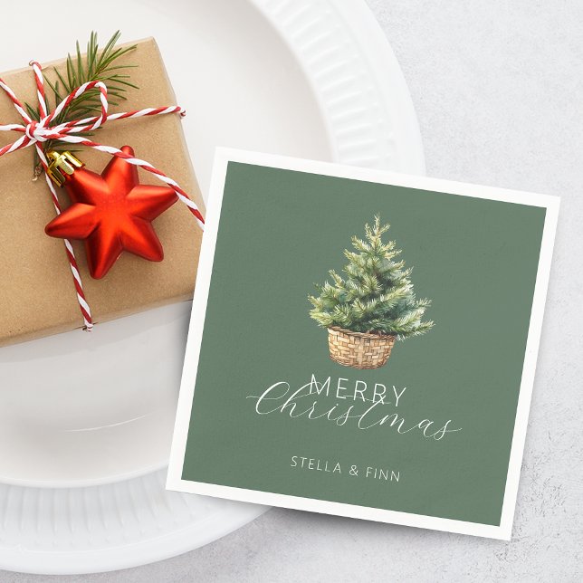 Rustikaler Weihnachtsbaum im Korb Dusty Green Serviette (Rustic Christmas Tree In Basket Dusty Green Napkins)